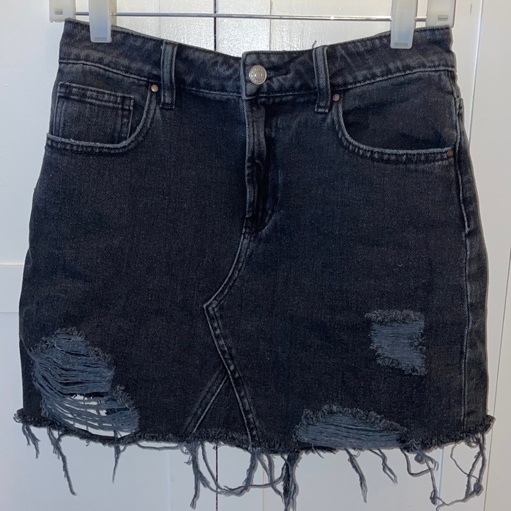 PacSun distressed, black denim, high-waisted mini skirt